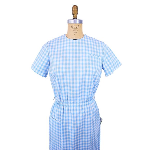 Vintage 1960s Blue Gingham Dress Deadstock Sheath | W 27"+ - Picture 3 of 5